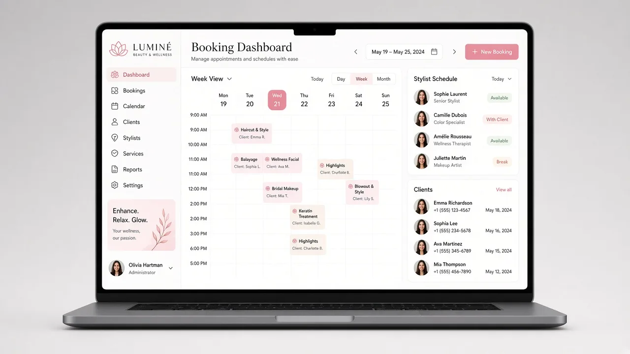 Salon booking dashboard on a MacBook
