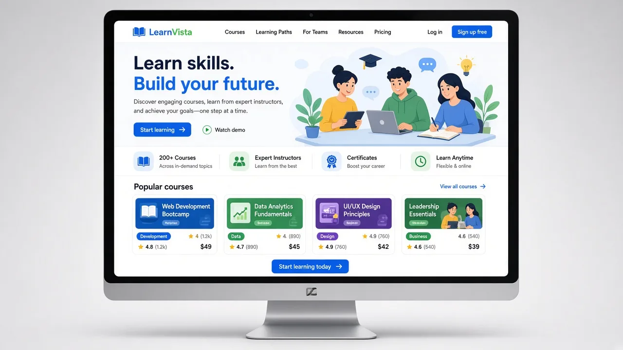 Education company landing page on a desktop display