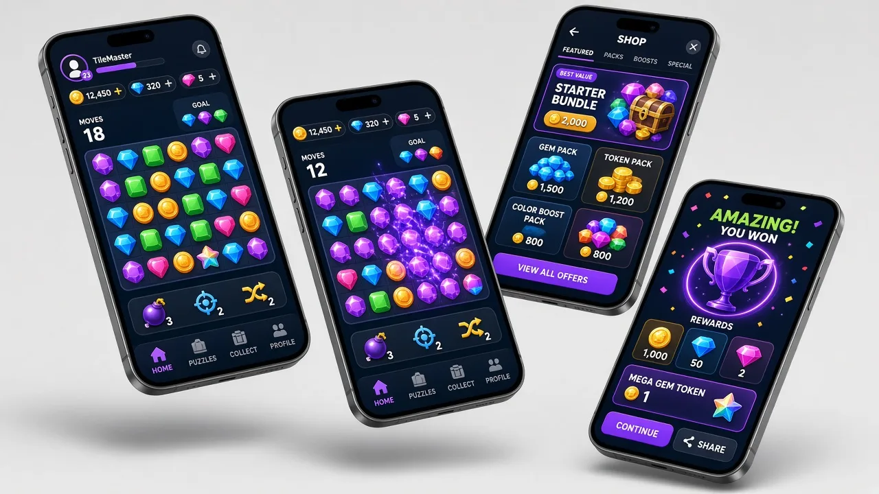 Color-matching crypto game on floating mobile screens
