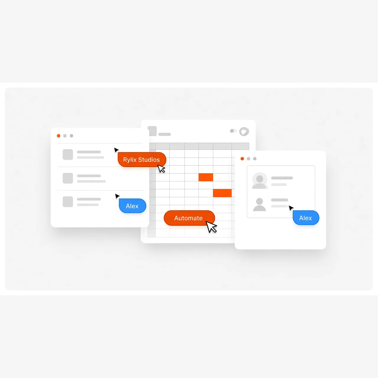 Illustration of inbox, spreadsheet, and CRM automation with collaborative cursors
